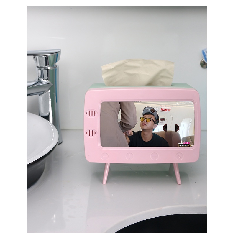 Hộp đựng khăn giấy hình tivi có khe đựng điện thoại sang trọng, tiện lợi