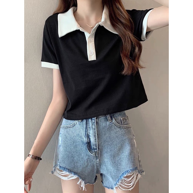 Áo Croptop nữ Cổ Bẻ Áo Thun Polo Basic Cơ Bản Trắng Đen Phối Cổ