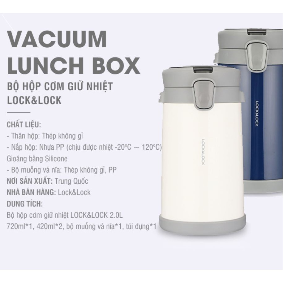 Bộ Hộp Cơm Giữ Nhiệt Lock&Lock Easy Carry 2L LHC8039 Có Túi (1 Hộp 720ml, 2 Hộp 420ml Kèm 1 Bộ Muỗng Và Nĩa)