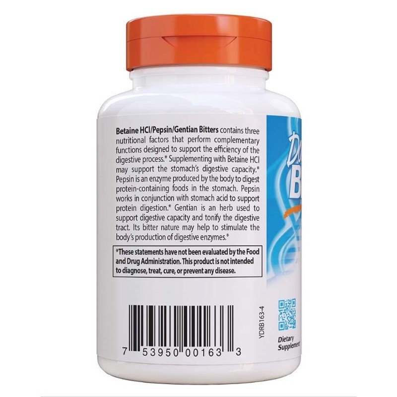 Doctor's Best Betaine HCI Pepsin & Gentian Bitters, Enzyme hỗ trợ tiêu hóa và hấp thụ protein 120V