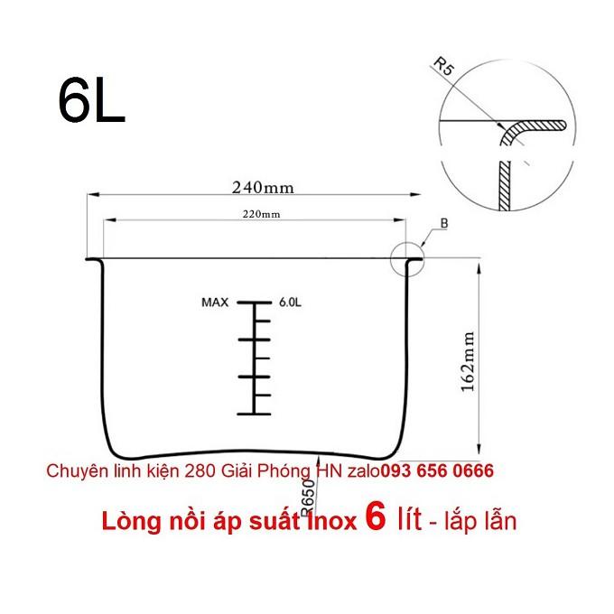 Lòng nồi áp suất Inox dung tích 4 lít, 5 lít, 6 lít chuyên dụng