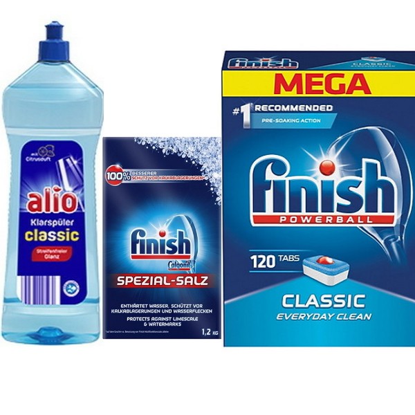 Combo 120 viên rửa bát finish classic + muối finish 1.2kg + Nước làm bóng alio 1 lít dùng cho máy rửa bát