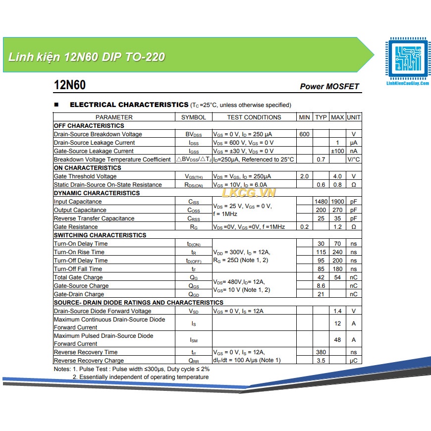 Linh kiện 12N60 DIP TO-220