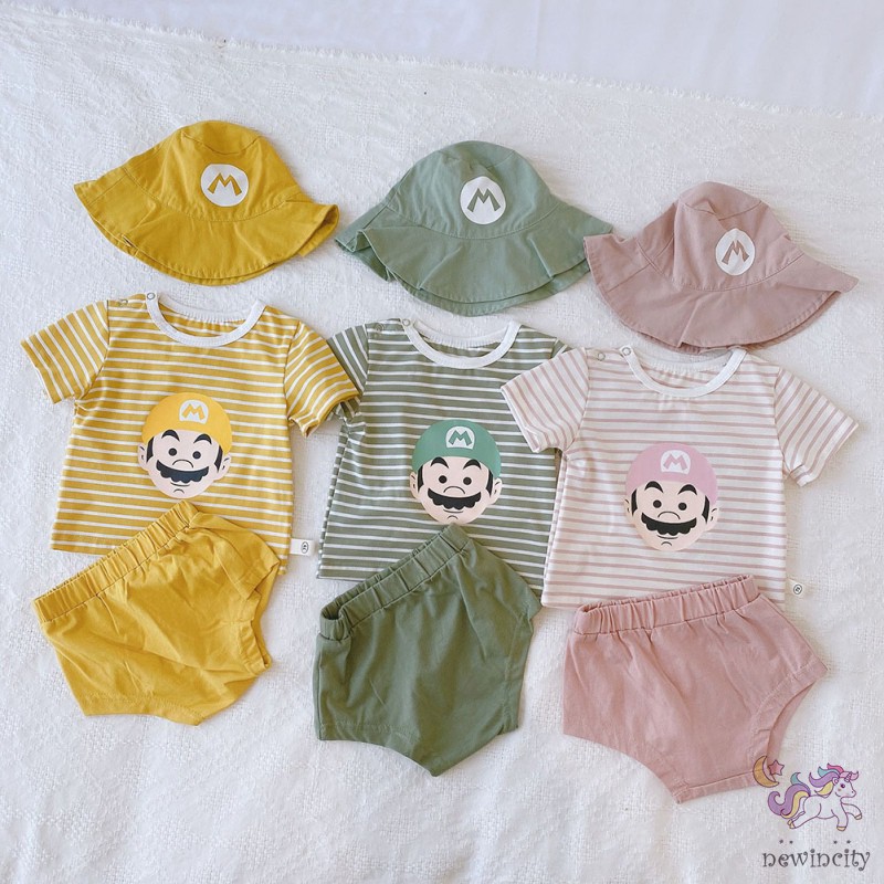 Bộ đồ 3 món áo ngắn tay in hình hoạt họa + quần + mũ thời trang hè cho bé
