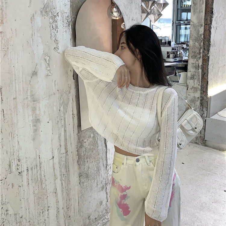 Áo sweater Dệt Kim Mỏng Tay Ngắn Phong Cách Hàn Quốc Thời Trang Cho Nữ