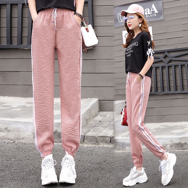 Quần thể thao sọc nữ  quần thể thao ống rộng đen/ trắng/kaki/hồng
