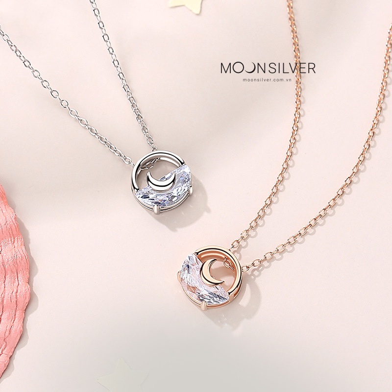 Dây chuyền bạc nữ Moonsilver, vòng cổ bạc hình vòng tròn và mặt trăng Underwater Moon