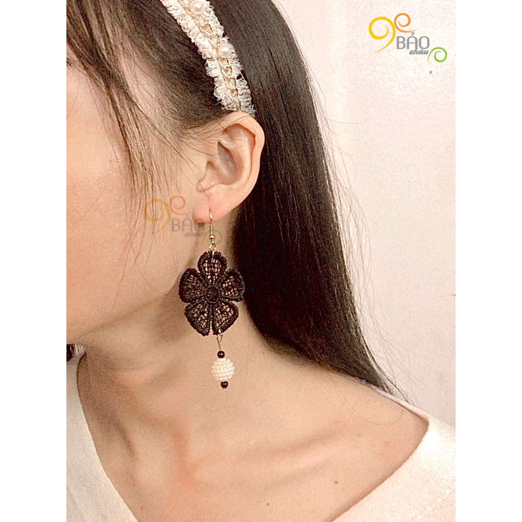 bông tai kết hợp hoa vải và chùm hạt nhỏ