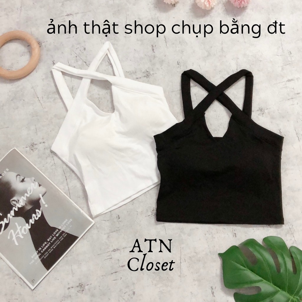 Áo Croptop Cổ Yếm Dây Chéo Phong Cách Hàn Quốc Áo croptop Kiểu Màu Trắng Màu Đen Có Mút Ngực