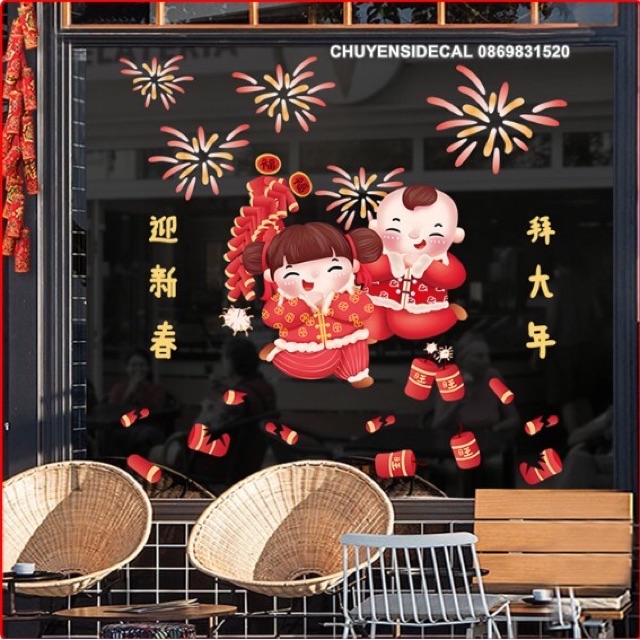 Decal đan tường Tết - Bé Gái Trai hoạt hình siêu đẹp