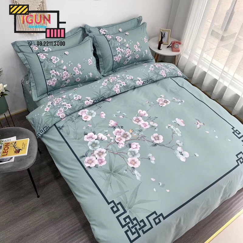 Bộ Chăn Ga Gối 4 món COTTON 100% Hàn - Organic - Living KHUNG HOA ĐÀO HỒNG XUÂN