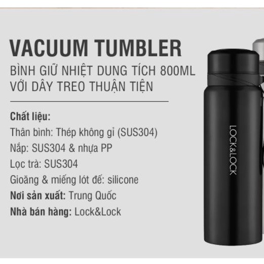 Bình giữ nhiệt Lock&amp;Lock LHC6180FU 800ml - Bình đựng nước giữ nhiệt thép không gỉ cao cấp Tặng túi vải - HAPOS