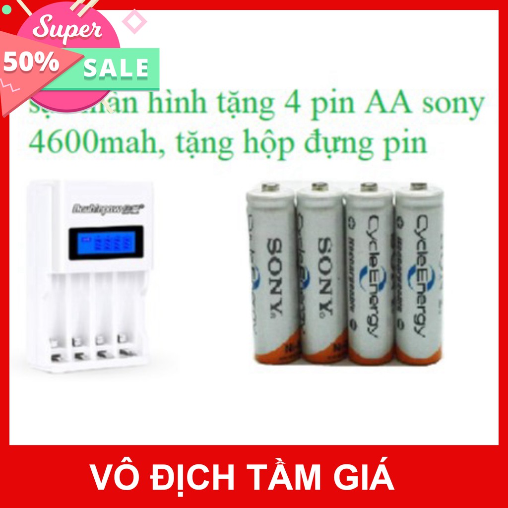 (GIÁ HỦY DIỆT) Bộ sạc pin AA, AAA màn hình LCD tặng kèm hộp 4 pin sony AA 4600mah