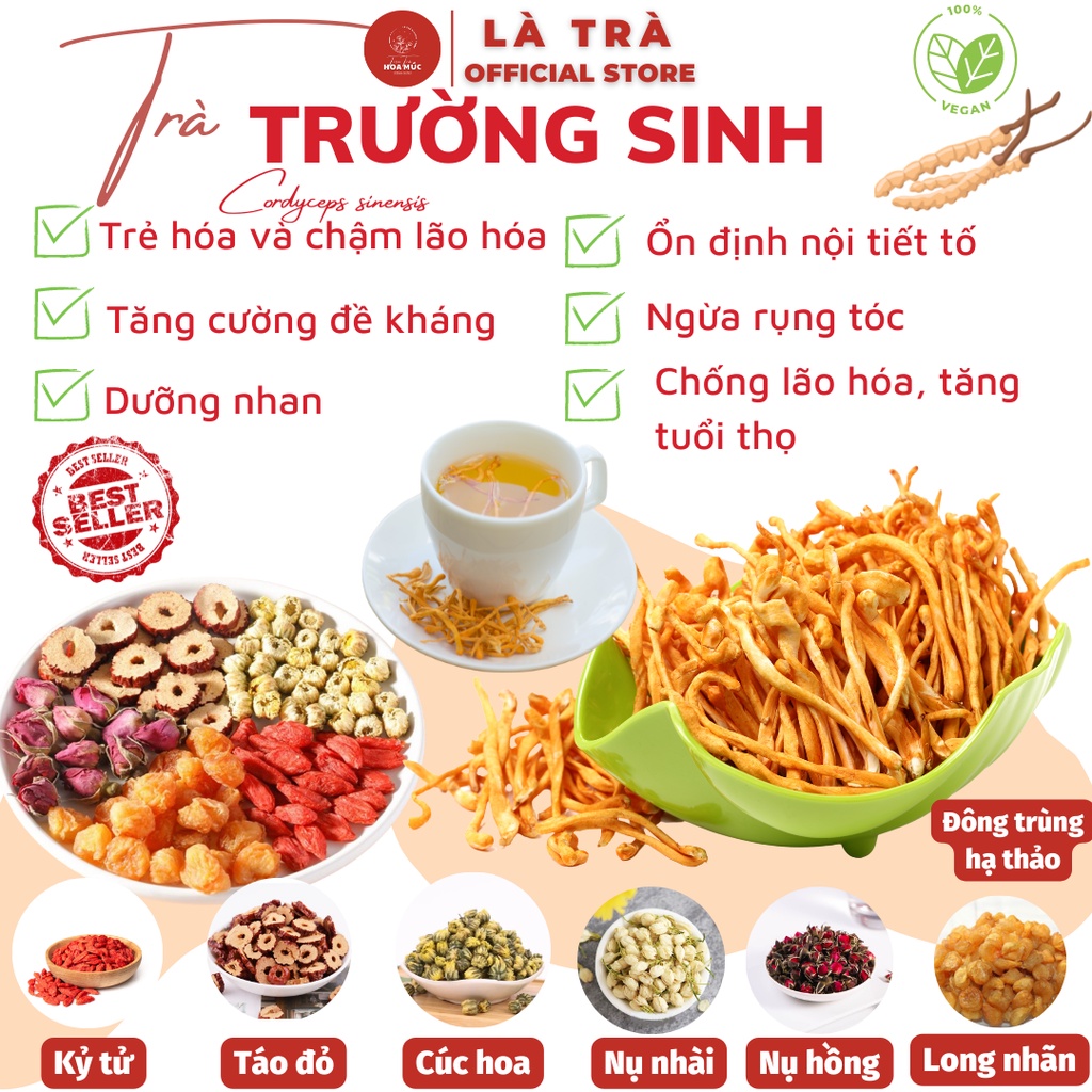 SET 20 gói Trà TRƯỜNG SINH 7 Vị: Đông trùng hạ thảo sấy thăng hoa; Táo đỏ, Kỷ tử long nhãn cúc hoa nụ hồng