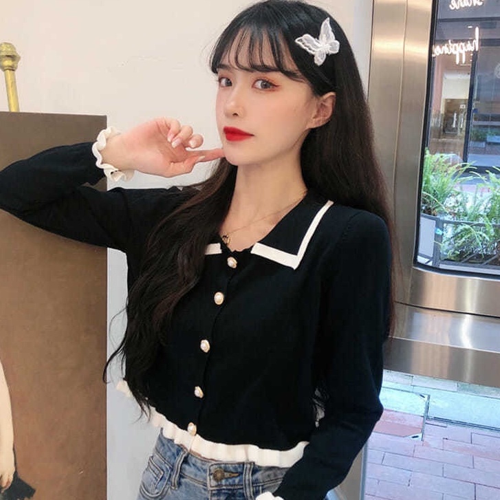 Áo Khoác Cardigan Dệt Kim Tay Dài Cổ Búp Bê Phong Cách Mới