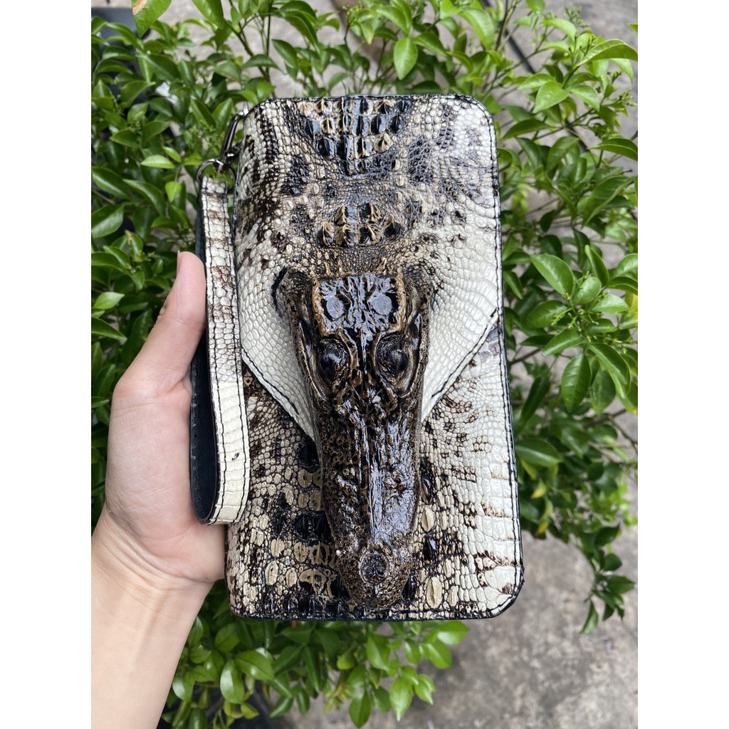 VÍ CẦM TAY ĐẦU DA CÁ SẤU MÀU NGUYÊN THỦY THẬT 100% 2 DÂY KÉO 22X12CM