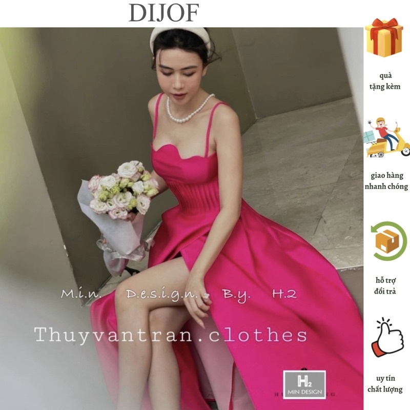 Đầm hai dây cúp ngực lượn sóng dáng xoè dự tiệc phong cách sang chảnh xẻ tà hàng loại 1 cao cấp