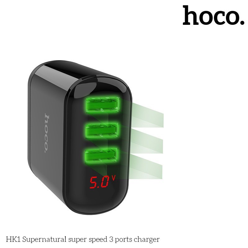 Cốc Sạc 3 Cổng Hoco HK1 5A Màn Hình LCD Hiển Thị Dòng Sạc - BH 1 năm - Hưng Long PC