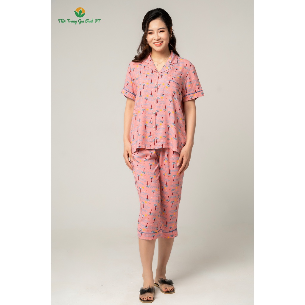 Bộ pyjama lanh nữ quần lửng áo cộc tay VT B06.2116 - Chất lanh mềm, nhẹ, mặc thoải mái
