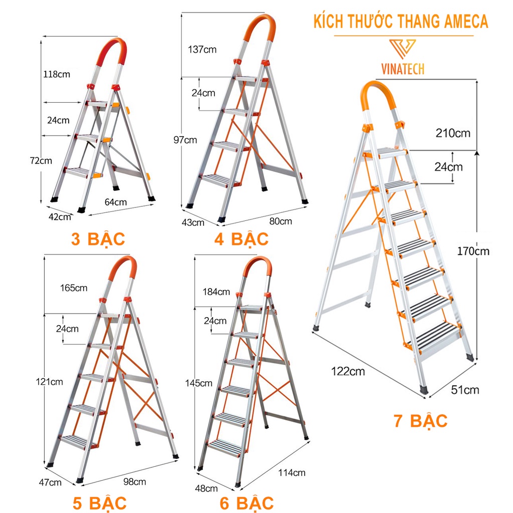 Thang Gấp Inox Chữ A 3-7 Bậc Ameca Nhật Bản, Thang Nhôm Ghế Tay Vịn Xếp Gọn Thông Minh,Tải Trọng 300Kg Siêu Bền MKS027
