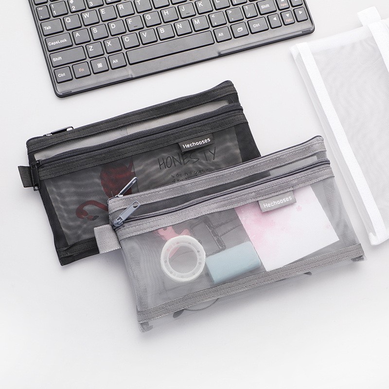 Túi lưới trong suốt đựng bút/mỹ phẩm có khóa kéo tiện dụng