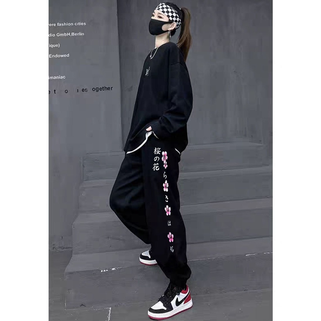 Quần nỉ jogger nam nữ ống rộng họa tiết hoa anh đào BÓ CHUN basic track pants unisex