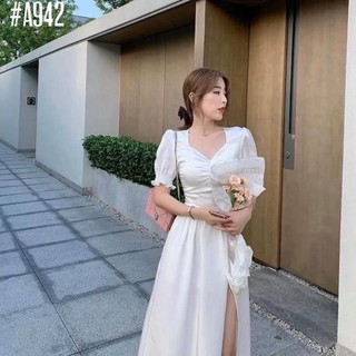 💖 FREESHIP 💖 Đầm trắng phi xẻ tà thắt eo - SCC008
