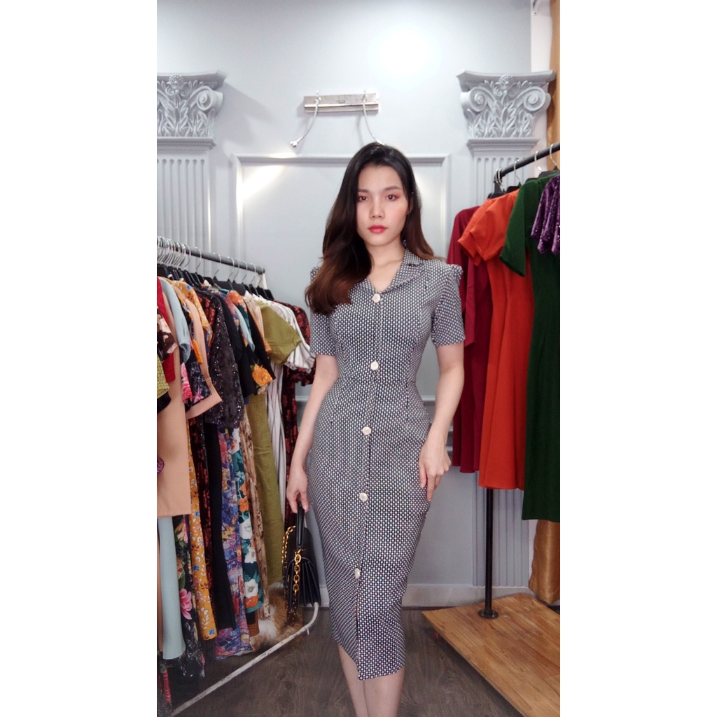 Đầm body cổ vest Da1462 vải co giãn phối cúc