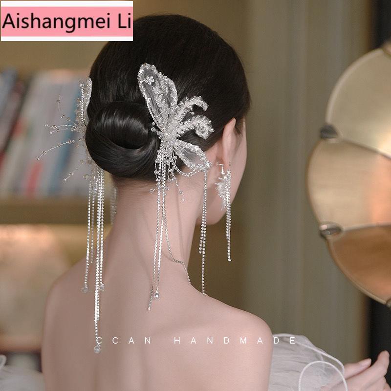 Bộ Phụ Kiện Cài Tóc + Bông Tai Đính Đá Lấp Lánh Phong Cách Hàn Quốc Cho Cô Dâu