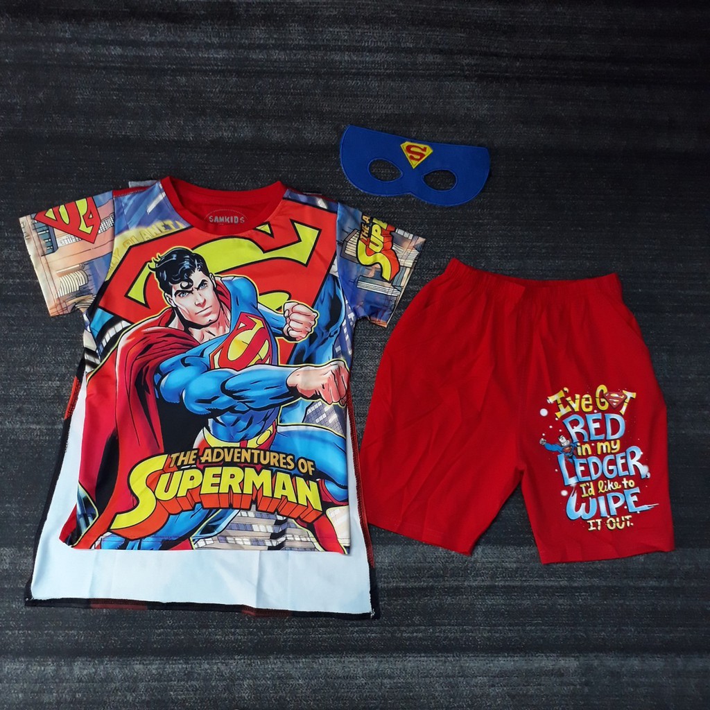 Bộ Super Man Lửng  Màu Đỏ in 3D sắc Nét, Vải Thun Cotton co Giãn 4 Chiều (Tặng Choàng Nạ)