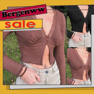 Áo Croptop Dệt Kim Tay Dài Cổ V Xẻ Tà Quyến Rũ Cho Nữ