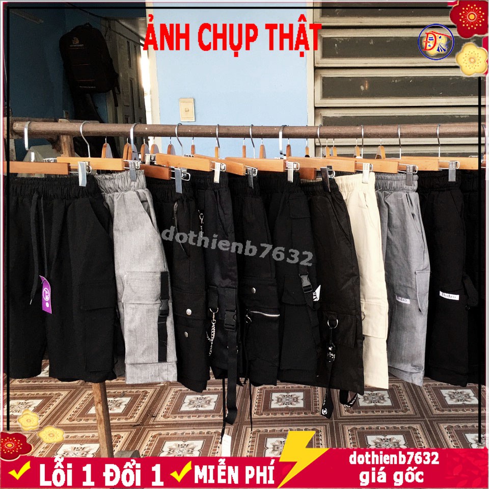 ⚡️ VẢI ĐẸP - ẢNH THẬT ⚡️ Quần short Túi Hộp Pant phản quang phối dây Unisex, QUẦN ĐÙI LỮNG NAM NỮ CHẤT KAKI ĐEN