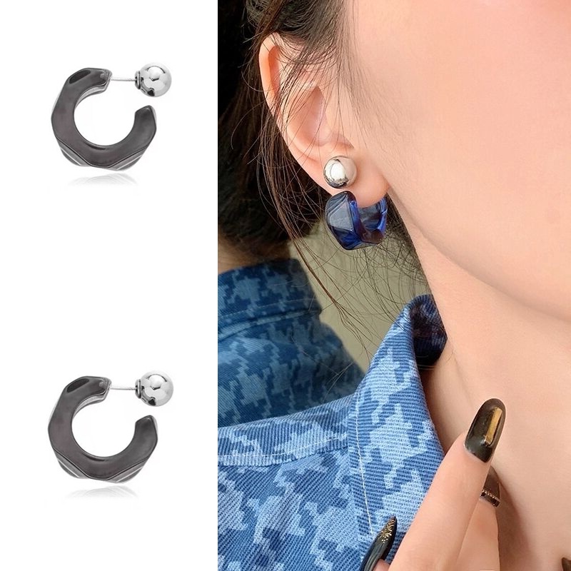 Bông Tai Bạc 925 Hình Chữ C Trong Suốt Phong Cách Retro C379