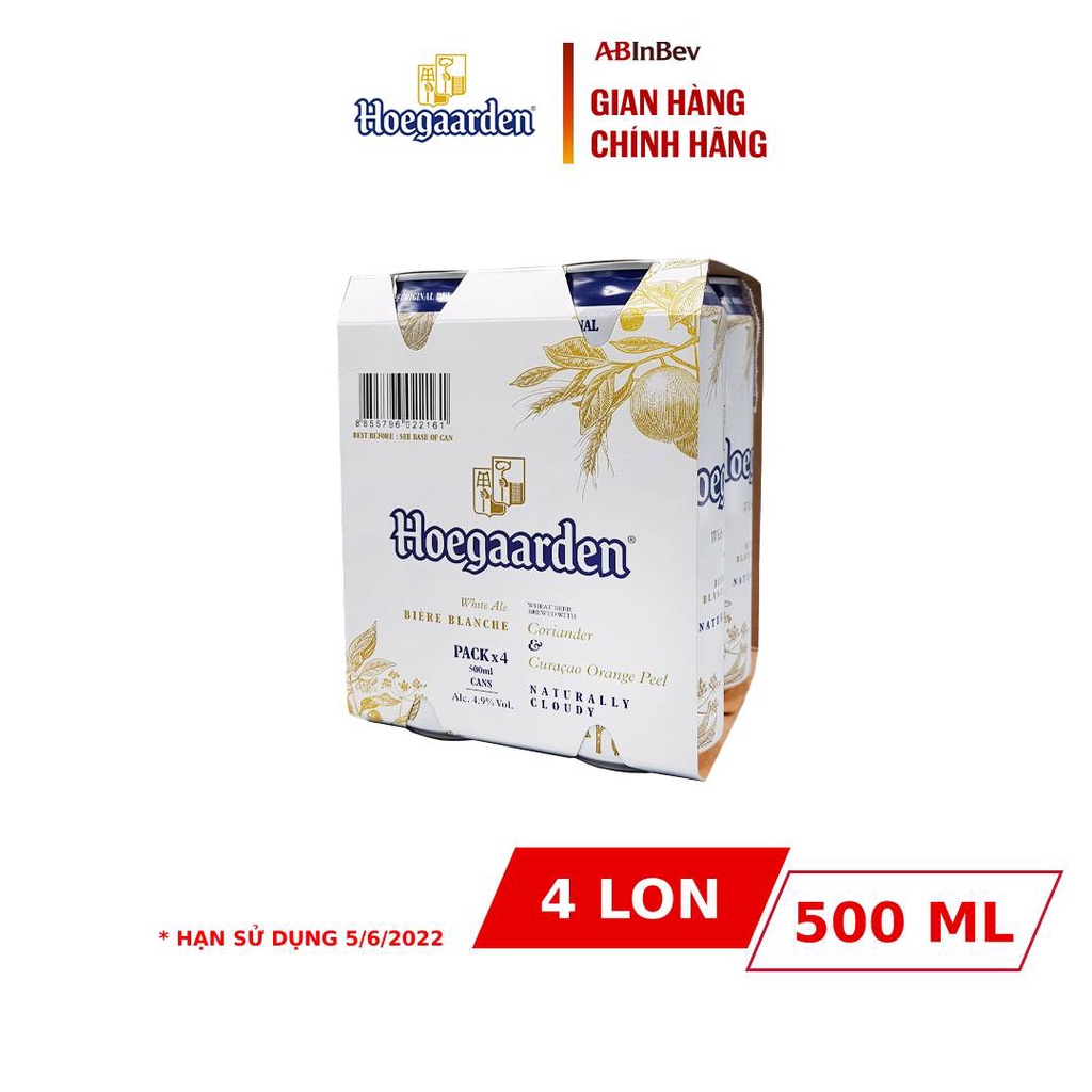 Lốc 4 Lon Hoegaarden White (500ml/lon) - Bia Bỉ Chính Hiệu Lúa Mỳ