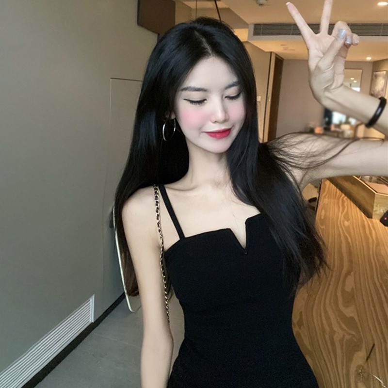 Đầm Hai Dây Cổ Chữ V Màu Sắc Trơn Phong Cách Hàn Quốc Quyến Rũ Dành Cho Nữ