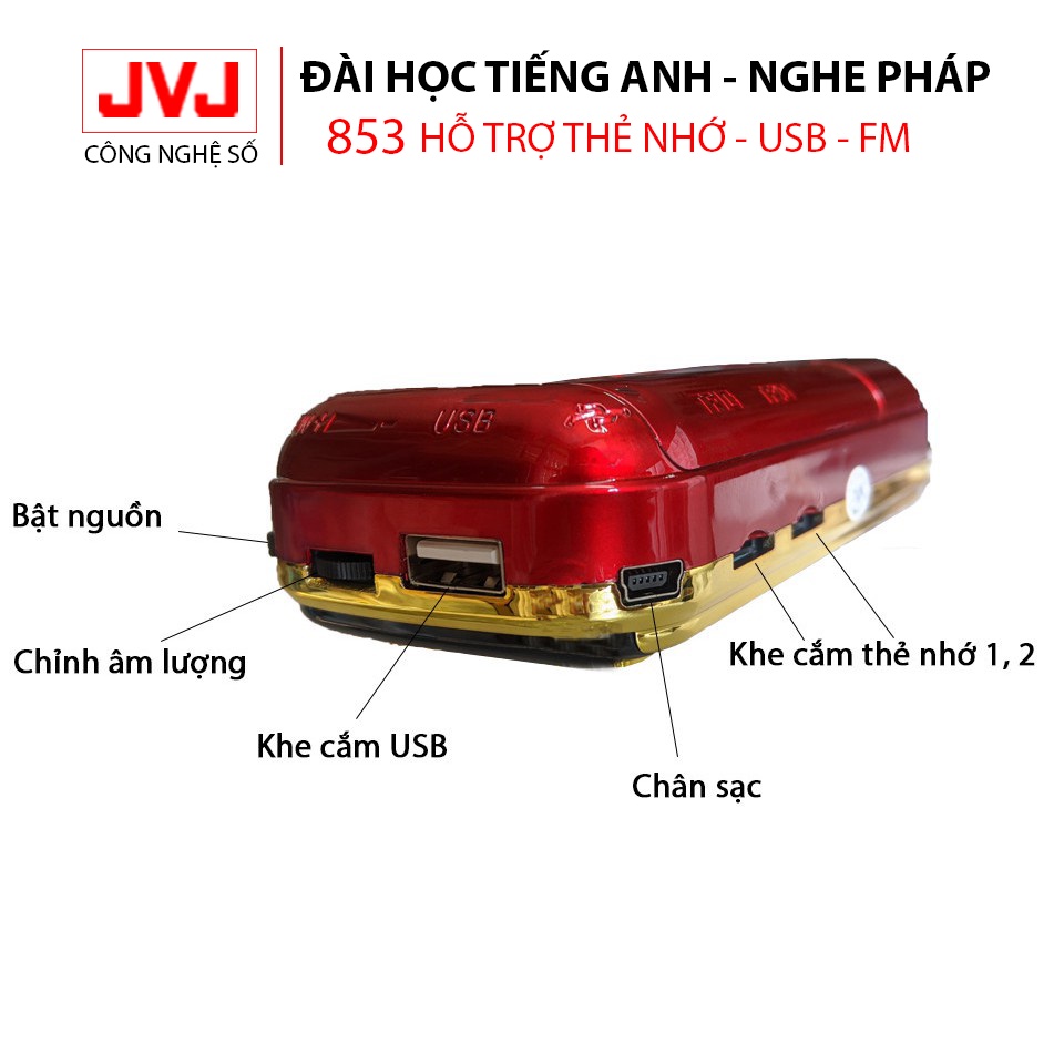 Loa đài JVJ J-853 3 pin siêu khỏe,đài FM,hỗ trợ thẻ nhớ, USB, học tiếng anh,nghe pháp