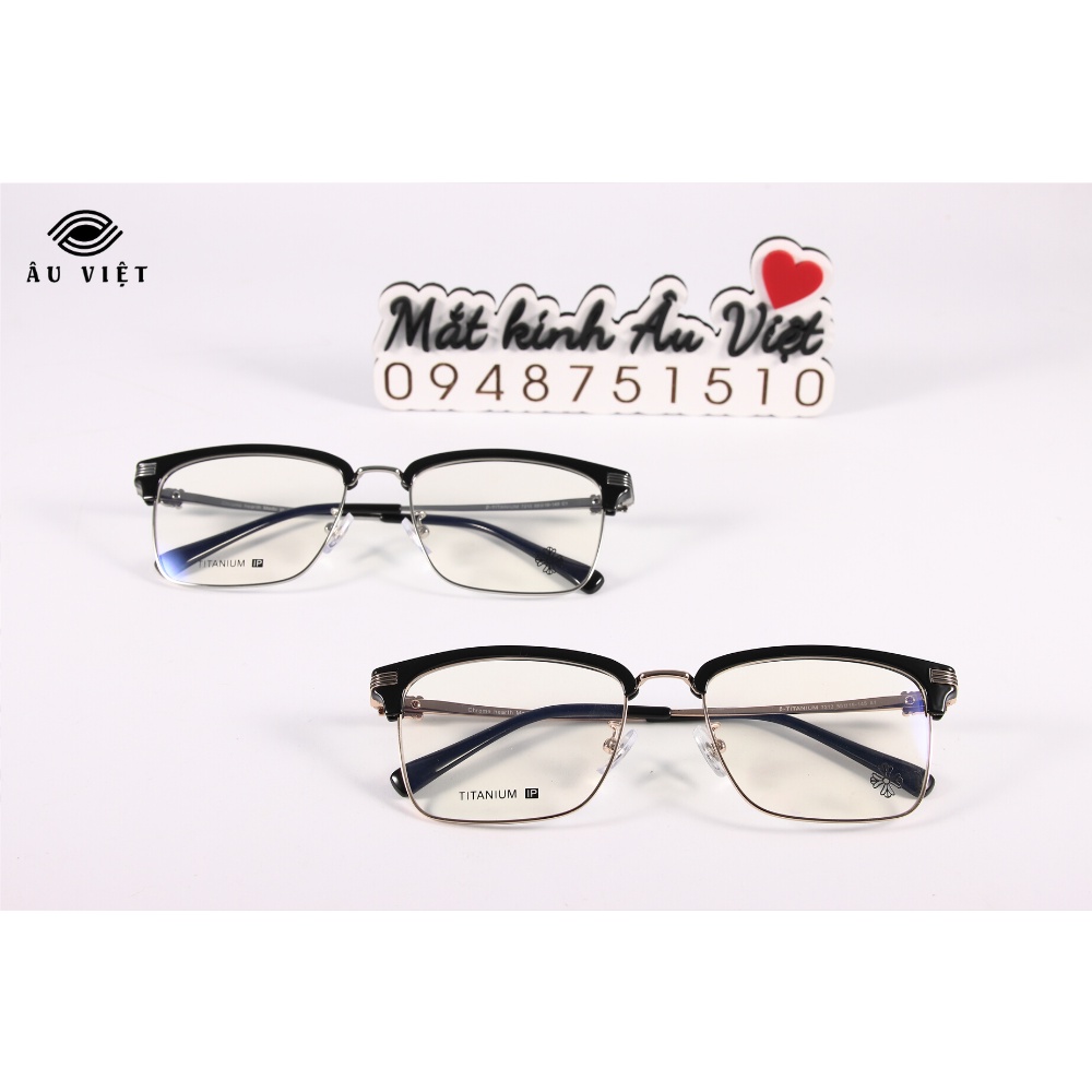 Gọng kính kim loại titanium Ch 7213 nam nữ unisex dáng chữ nhật vuông clubmaster màu vàng/bạc Full box