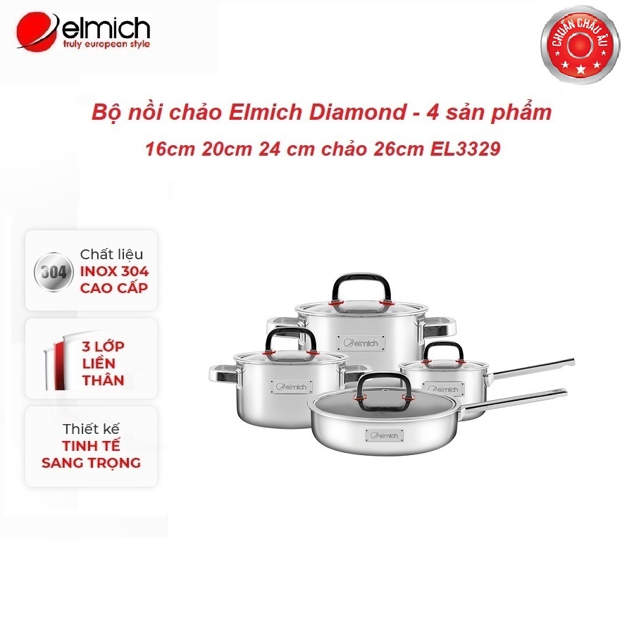 [Mã LIFEMALL9915 giảm 12% đơn 99K] Bộ nồi chảo sang trọng 3 lớp liền đáy Elmich Diamond size 16cm,20cm,24cm,26cm EL3329