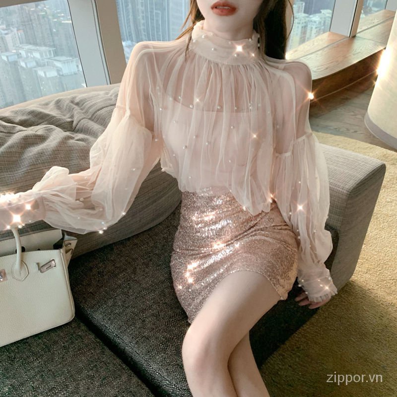 Bộ đồ hai món gồm áo vải ren lưới và chân váy đính kim sa phong cách phương Tây thanh lịch thời trang mùa thu cho nữ