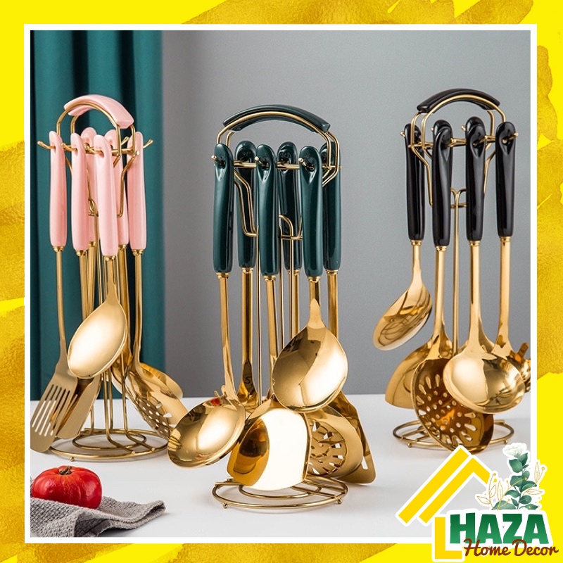 SẴN - GIAO HỎA TỐC 2H - Bộ dụng cụ nhà bếp Muôi muỗng thìa cán sứ mạ vàng, nấu ăn phong cách Châu Âu