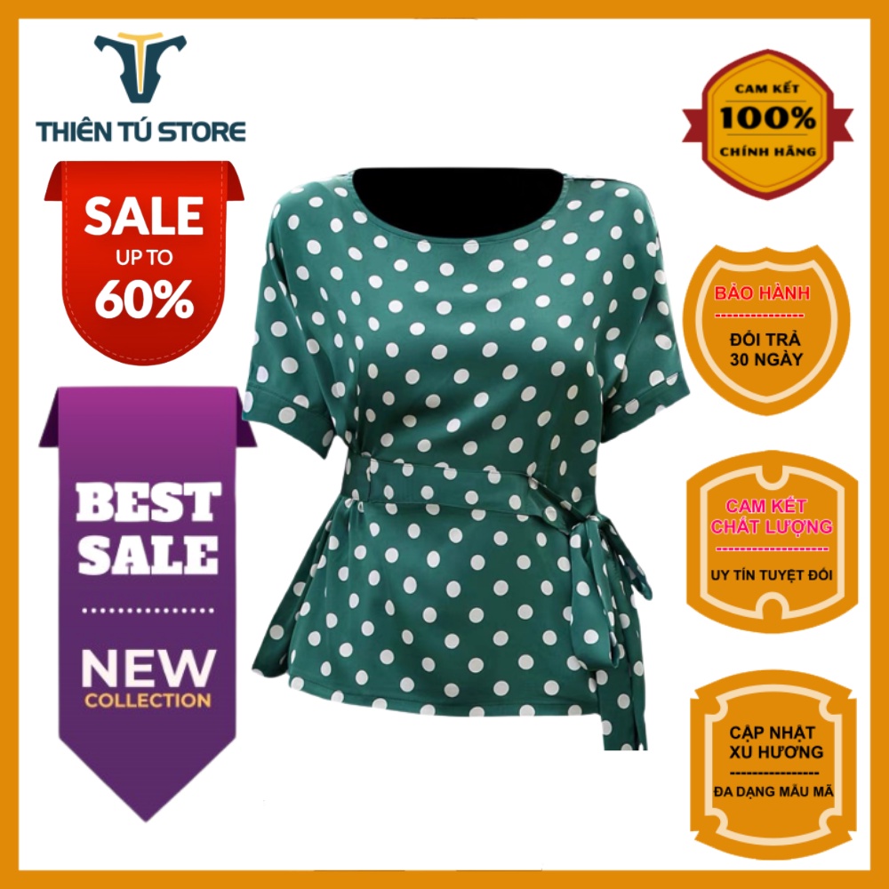 Áo trung niên cho mẹ sang trọng u40 u50 họa tiết chấm bi ngắn tay cổ tròn thanh lịch form dáng rộng thoải mái dễ mặc