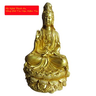 Tượng phật Bà Quan âm tọa đài sen đá poly vàng QADV30