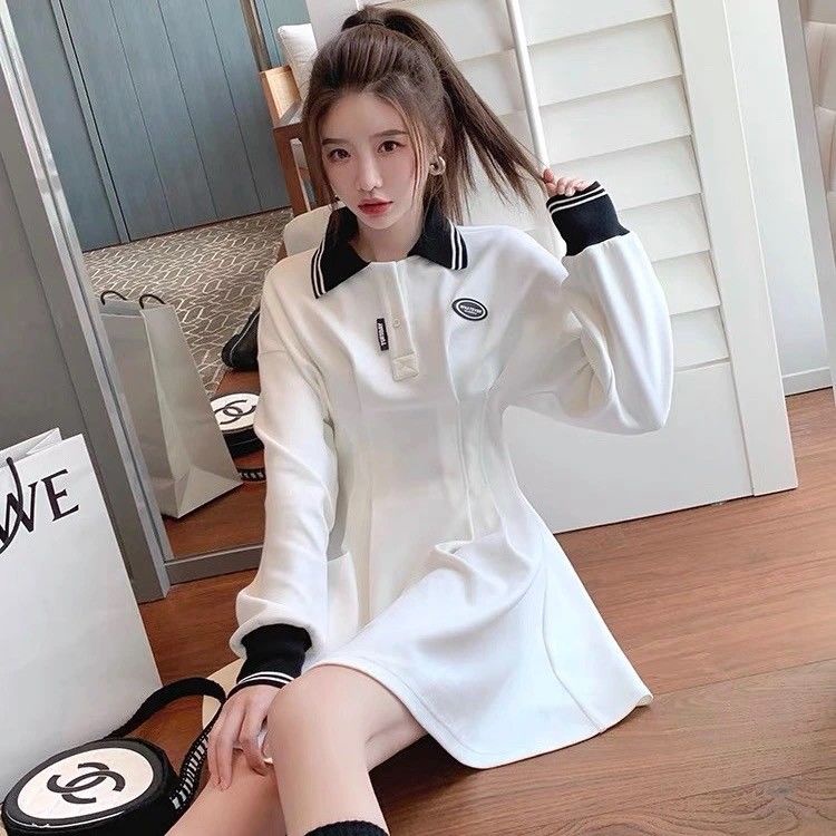 Đầm tay dài cổ POLO màu trơn thời trang mùa thu mới 2021 cho nữ