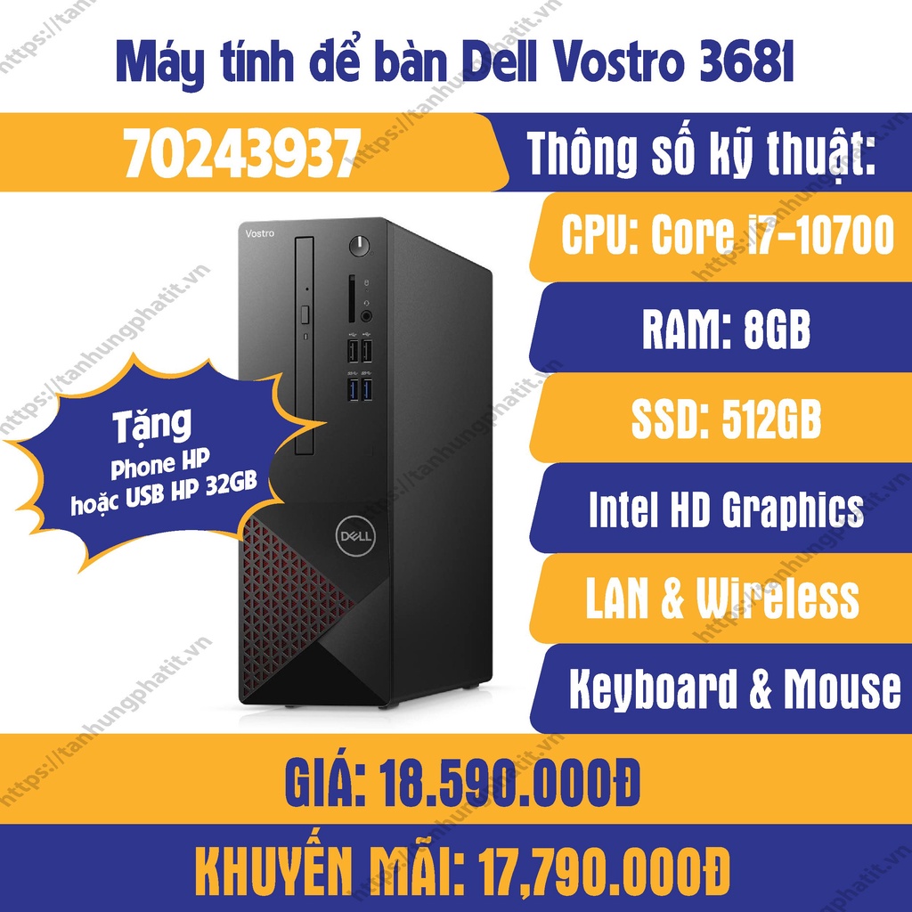 máy bộ hãng PC Dell Vostro 3888 (i7-10700/8GB RAM/512GB SSD/WL+BT/K+M/Win 10) (70243937)