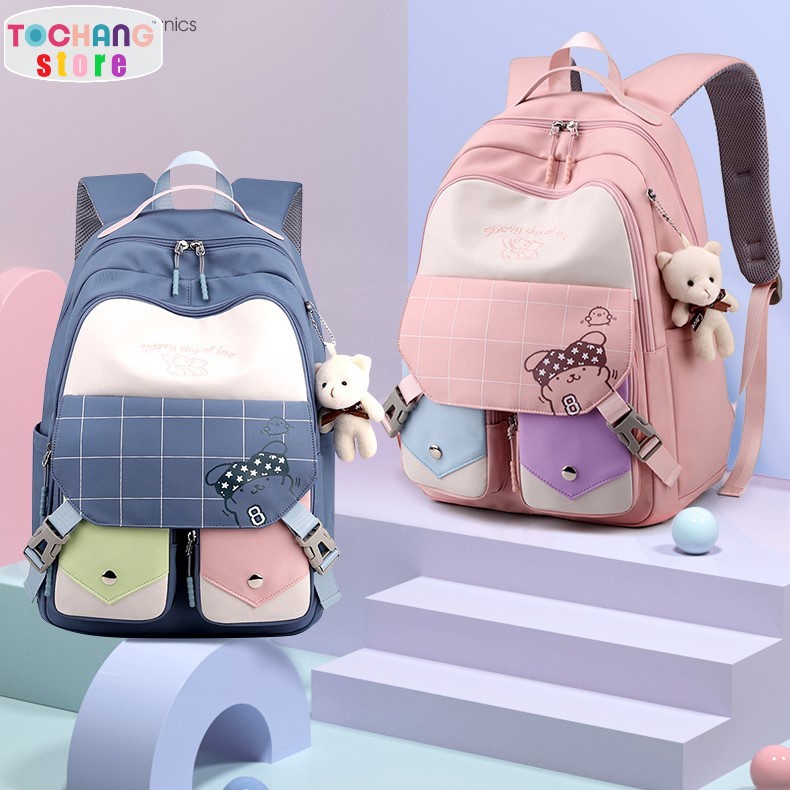Balo Ulzzang Hàn Quốc Nam Nữ Chống Nước, Balo Đi Học Cho Học Sinh Lớp 4-5, Cấp 2, Cấp 3, Sinh Viên Tặng Kèm Móc Gấu