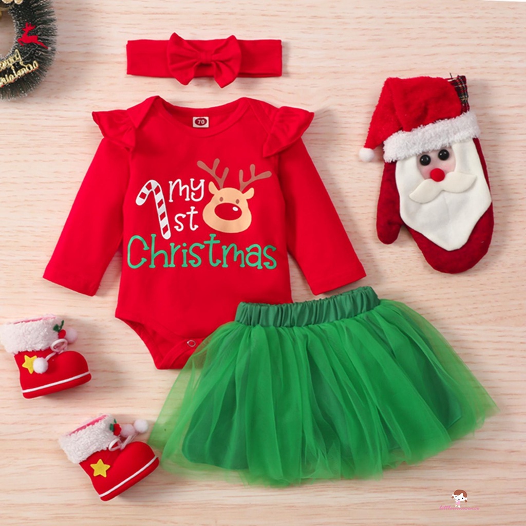 Bộ áo liền quần in chữ My First Christmas + chân váy sợi màu xanh lá/ đỏ xinh xắn cho bé gái sơ sinh