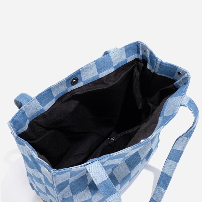 Túi xách đeo vai IELGY sức chứa lớn vải canvas họa tiết ca rô màu xanh dương