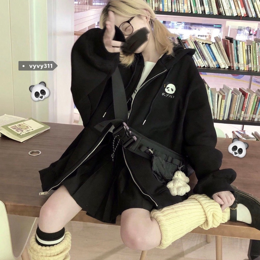 Áo khoác tai thỏ form rộng mũ 2 lớp hình gấu trúc dễ thương