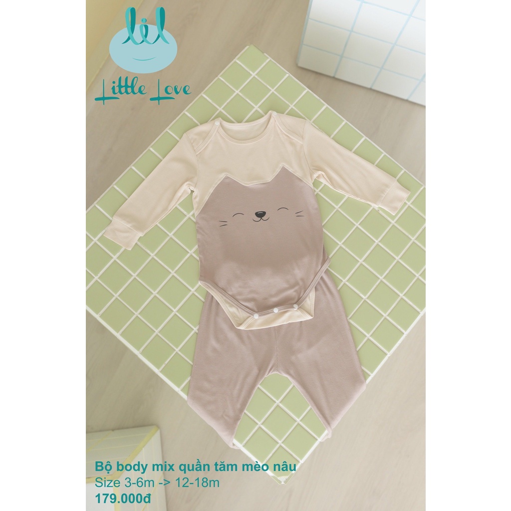Bộ body mix quần in hình gấu vải tăm cho trẻ từ 3m đến 18m little love (LDT106)