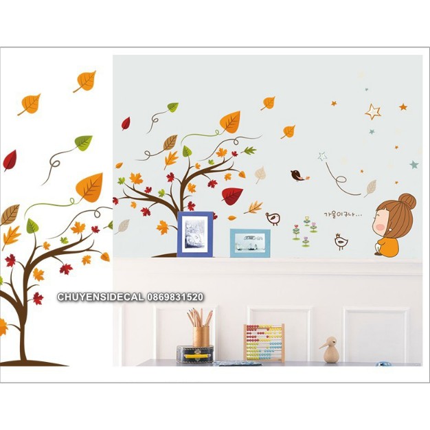 Decal trang trí tường - Cây úa vàng Mùa Thu cùng Cô Gái nhỏ